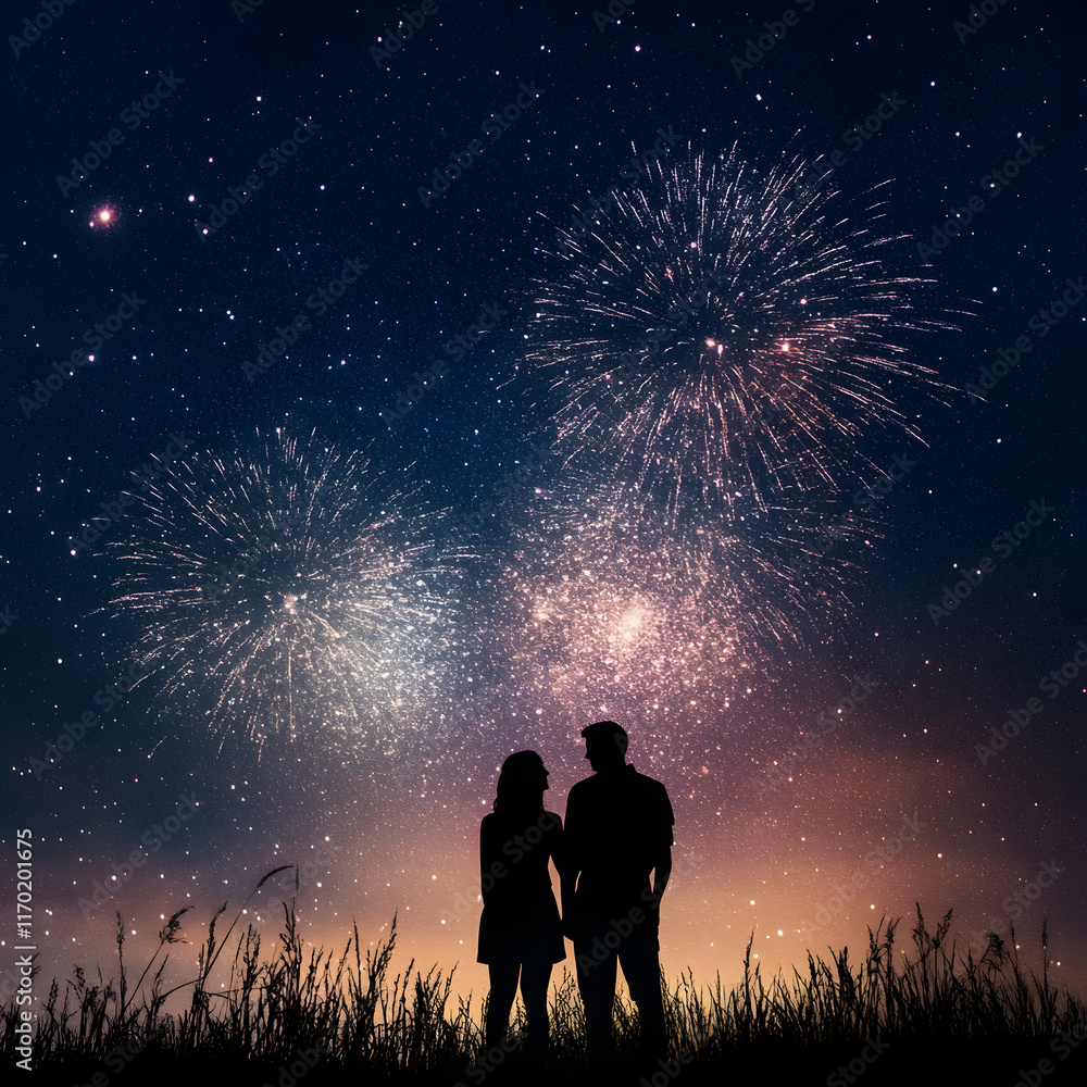 romantic silhouette of couple holding hands under fireworks, creating magical atmosphere romantic silhouette of couple holding hands under fireworks, creating magical atmosphere