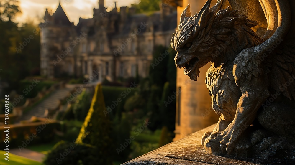 Fototapeta premium Stone gargoyle on ledge with castle at golden hour.