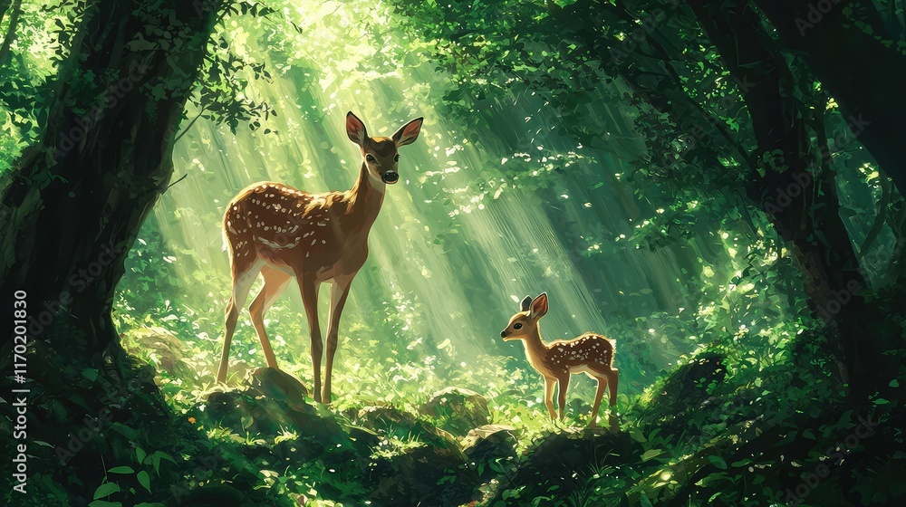 Serene Deer and Fawn in Sunlit Forest Clearing with Lush Foliage Serene Deer and Fawn in Sunlit Forest Clearing with Lush Foliage
