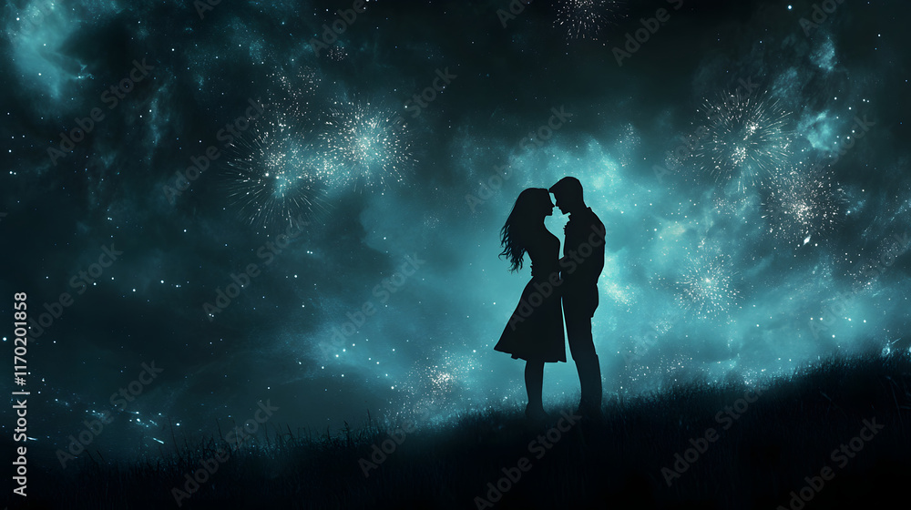 silhouette couple standing together under night sky, creating romantic atmosphere silhouette couple standing together under night sky, creating romantic atmosphere