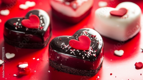 St Valentines Day Delicious heart shaped cakes on red background closeup