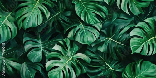 Wallpaper Mural Lush and vibrant green tropical leaves create a dense, repetitive pattern for a jungle-like background. Torontodigital.ca