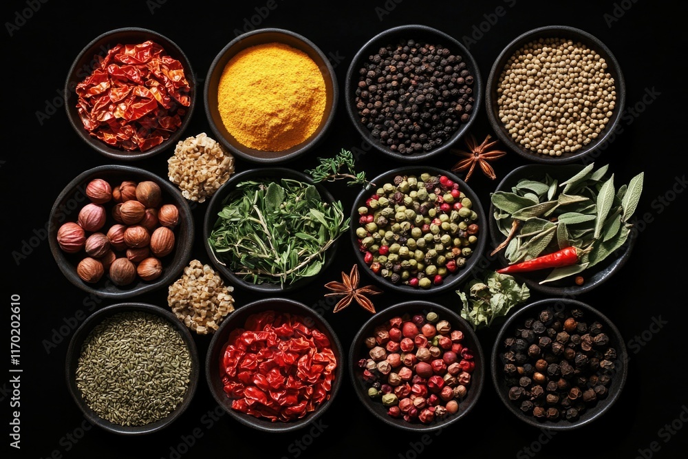 A variety of spices and herbs in wooden bowls on a dark background. A variety of spices and herbs in wooden bowls on a dark background.