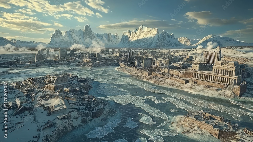 Obraz premium Dystopian Landscape with Frozen River and Abandoned Structures