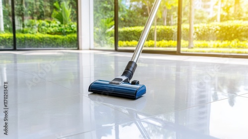 Wallpaper Mural Close-up of a vacuum cleaner being used to clean a glossy tile floor in a bright room with large windows. Torontodigital.ca