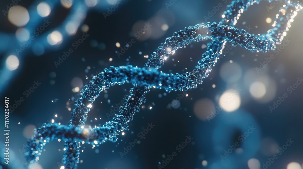Close-up of intricate DNA double helix with illuminated particles highlighting its structure. Close-up of intricate DNA double helix with illuminated particles highlighting its structure.