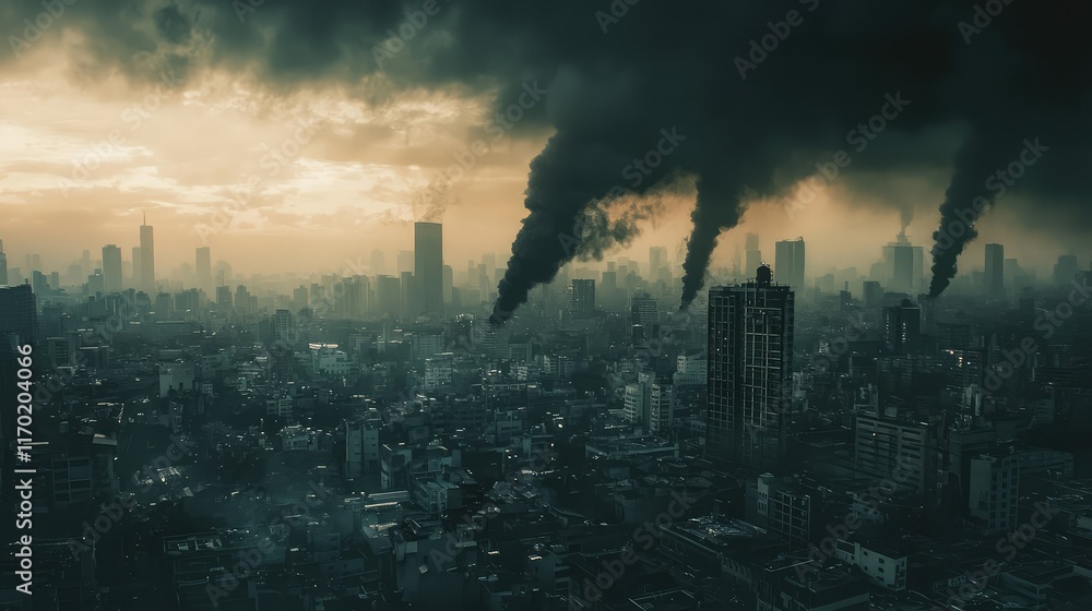 Obraz premium Dark Smoke Rising Over City Skyline During Ominous Sunset