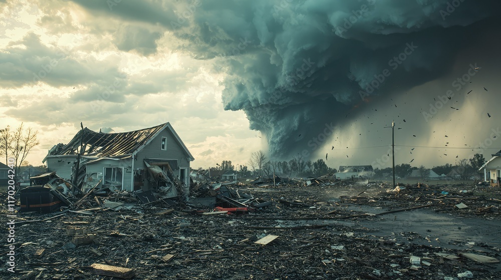 Fototapeta premium Dramatic Storm Clouds Over Destroyed Homes in Natural Disaster Scene