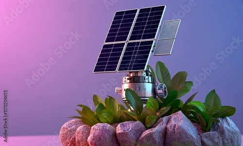 A solar panel setup on rocks with plants, symbolizing renewable energy and sustainability. photo