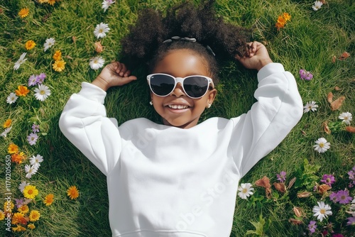 smiling little girl in a white blank sweatshirt and sunglasses laying on the grass with hands behind the head photo