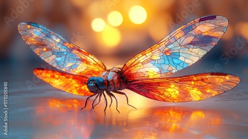 Luminous dragonfly with stained-glass wings, reflecting on a shiny surface at sunset.