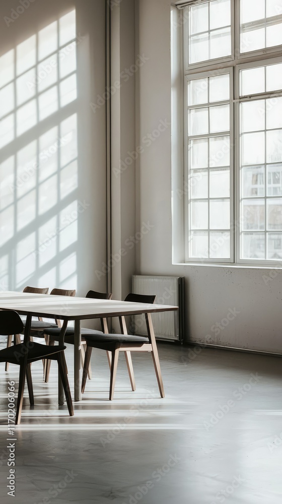 Fototapeta premium Modern Minimalist Workspace with Natural Light and Wooden Furniture