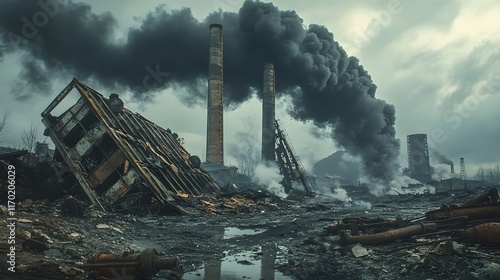 Abandoned,Crumbling Industrial Smokestacks Billowing Black Smoke in Post-Disaster Landscape