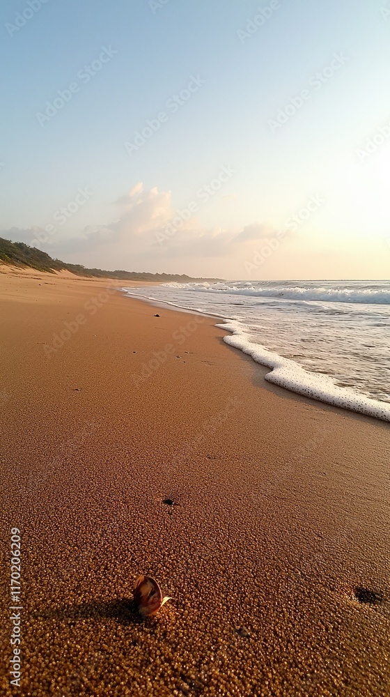 Tranquil Beach Scene at Sunrise with Gentle Waves and Shoreline Tranquil Beach Scene at Sunrise with Gentle Waves and Shoreline