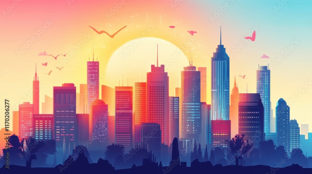 Fototapeta premium A futuristic cityscape with financial institutions highlighted,