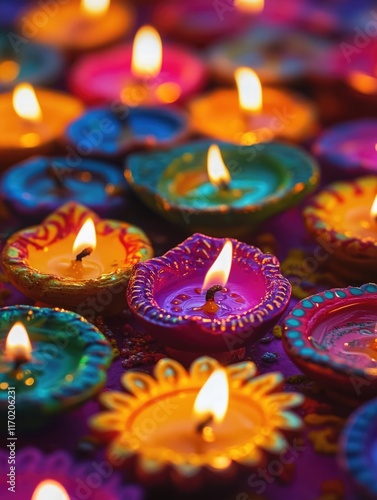 Colorful display of candles with different colors and designs. The candles are lit and create a warm and inviting atmosphere photo