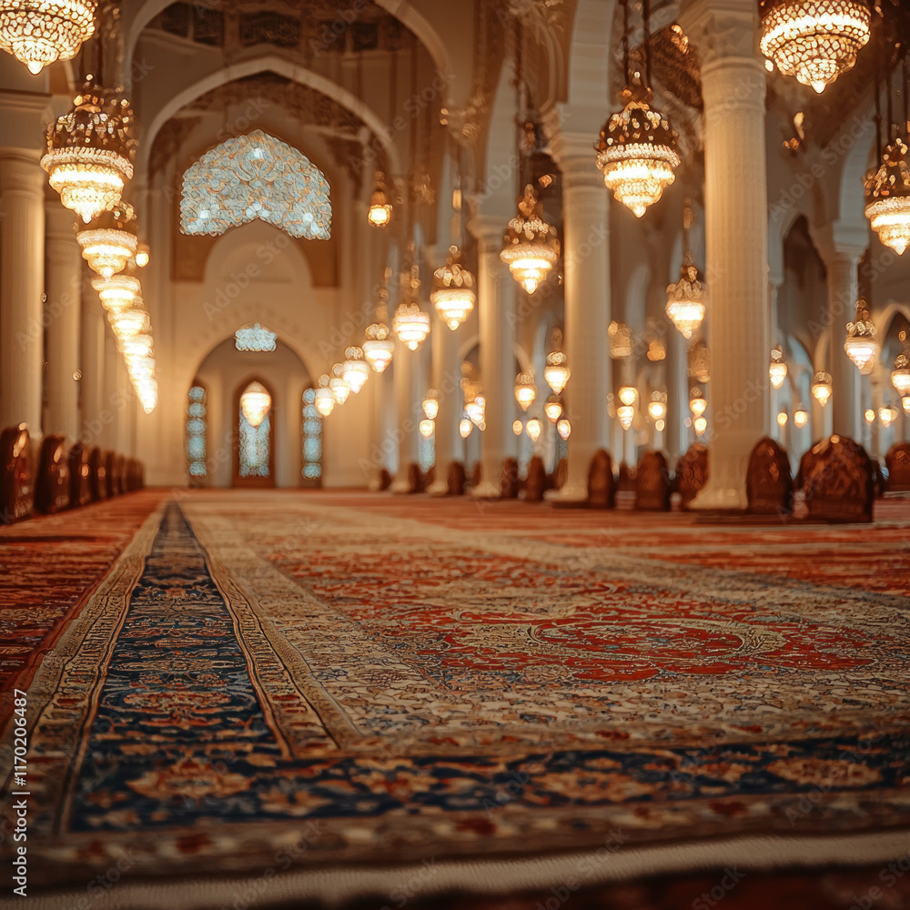 Obraz premium Grand mosque interior with ornate carpet, pillars, and chandeliers.