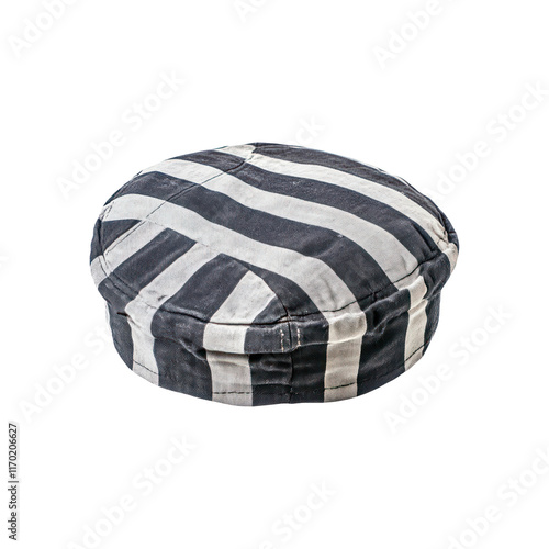 Black and white striped prison hat. Isolated on transparent background.