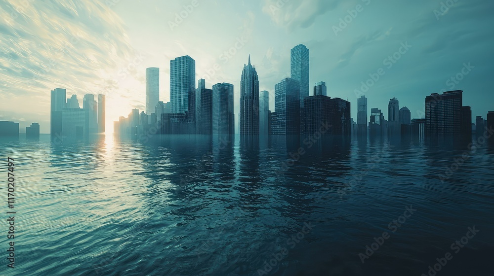 Fototapeta premium Urban skyline reflection in tranquil water at sunrise with haze