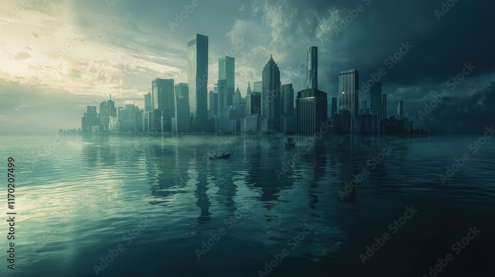 Fototapeta premium Mysterious Urban Skyline Reflected in Calm Water at Dusk