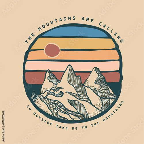 Adventue nature of mountain, hand drawn mountain prints, vintage print. design for t shirt and others. artwork for sticker, poster, background.