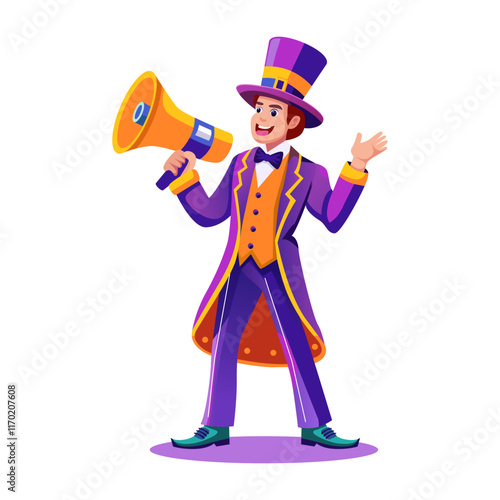 A flat illustration of a ringmaster doing announcement in loudspeaker 

