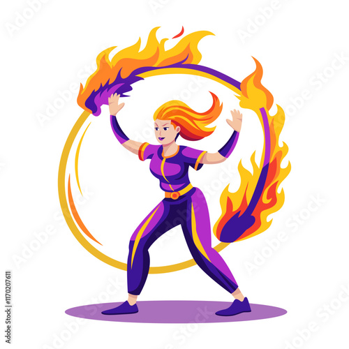 A flat illustration of a fire performer rotating a ring 

