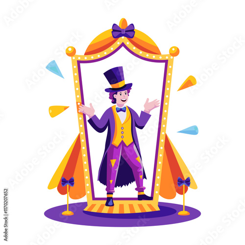 A flat illustration of a character performing circus magic trick 

