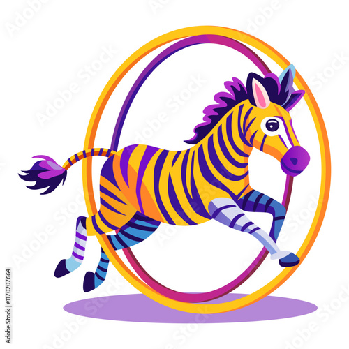 A flat illustration of circus zebra jumping from hoop rings 

