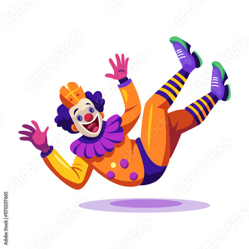 A flat illustration of a funny clown falling on ground

