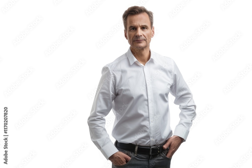 Fototapeta premium Confident businessman in white shirt isolated on white background.