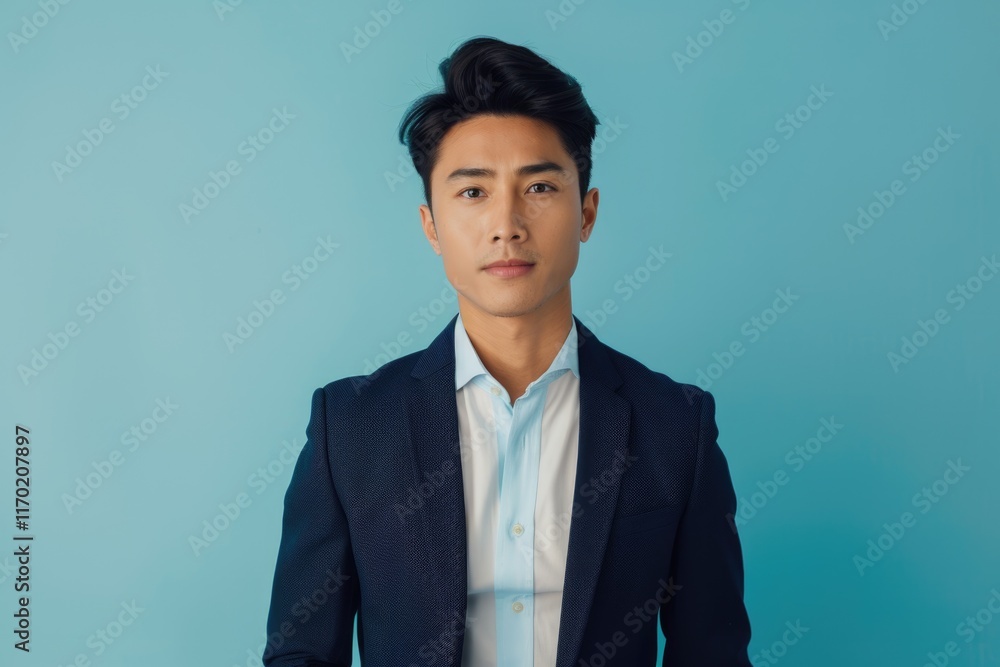 Portrait of young Southeast Asian businessman on blue background. Portrait of young Southeast Asian businessman on blue background.