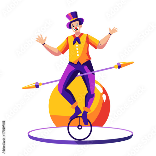 A flat illustration of a circus character riding unicycle 

