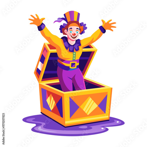A flat illustration of a circus artist come from a box 

