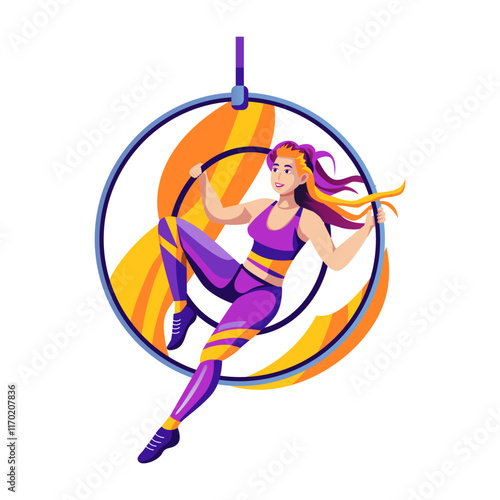 A flat illustration of aerial acrobat character sitting in a ring 
