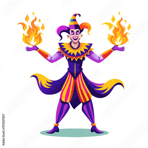 A flat illustration of a jester performing fire show 
