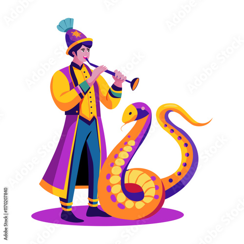 A flat illustration of a snake charmer playing flute in front of a snake 

