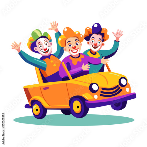 A flat illustration of clown car with three circus characters 


