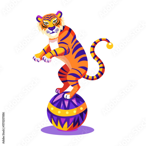 Circus tiger performing with a ball illustration in flat style 

