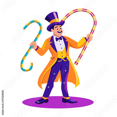 Circus ringmaster performing trick with long sticks illustration in flat style 

