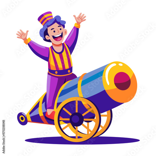 A flat illustration of a character sitting on a circus cannon 

