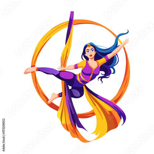 A flat illustration of a circus girl doing aerial dance 
