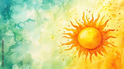 Vibrant sun illustration celebrating World sun day and summer solstice in watercolor. Horizontal banner. Copy space. Watercolor illustration. Sun on a colorful background