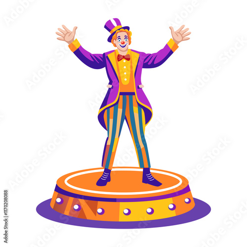 A flat illustration of a circus ringmaster character standing on a stage 
