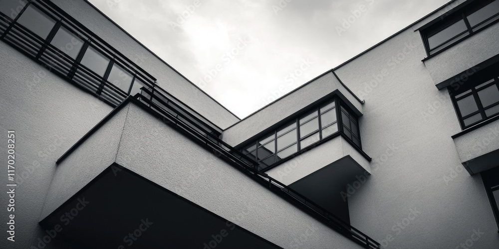 Fototapeta premium Building with a balcony and a cloudy sky in the background. The building is tall and has a modern design