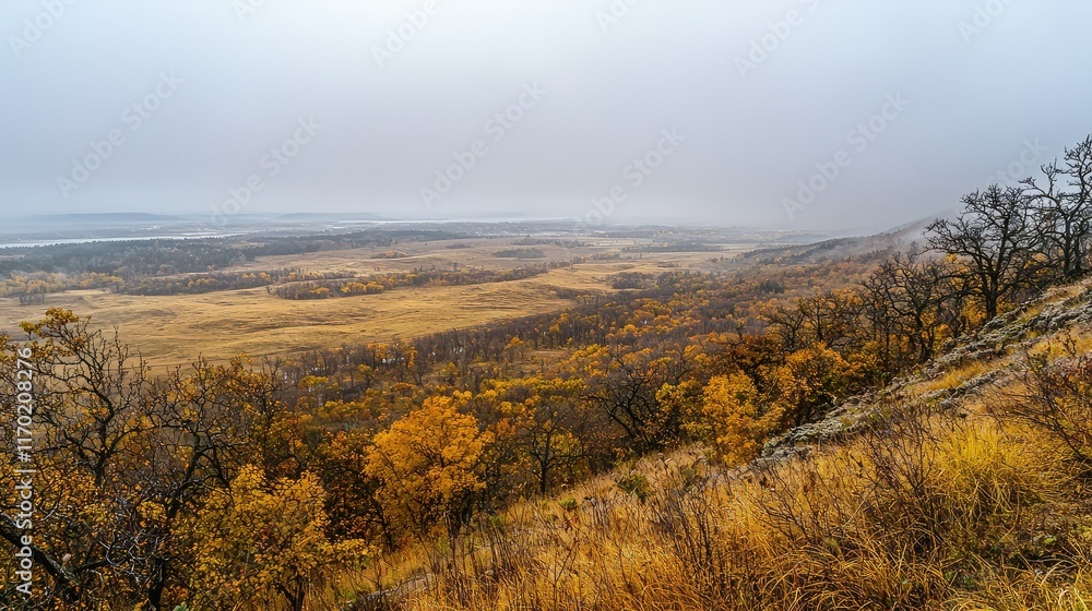 Autumn Landscape with Fog Over Rolling Hills and Yellow Foliage Autumn Landscape with Fog Over Rolling Hills and Yellow Foliage