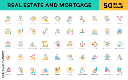 Real estate and mortgage icon set with mortgage loan, mortgage rates, refinance, loan approval, fixed rate mortgage, adjustable rate mortgage, mortgage broker icon. Simple flat color vector 
