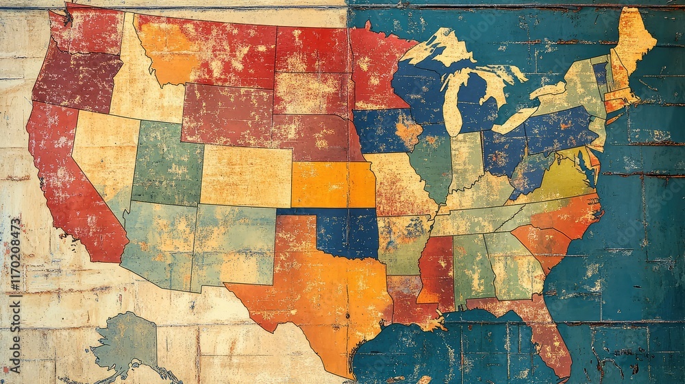 Fototapeta premium Vintage Style Map of the United States with Colorful States