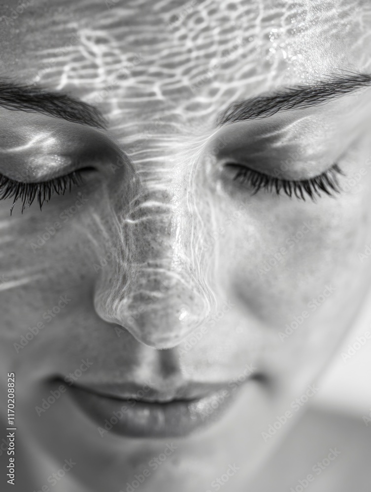Obraz premium Facial skincare treatment, woman with eyes closed in meditation, skin pores open for mask effect