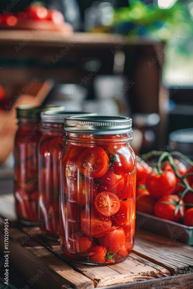 Three glass jars of ripe tomatoes ready for canning in a kitchen. Three glass jars of ripe tomatoes ready for canning in a kitchen.